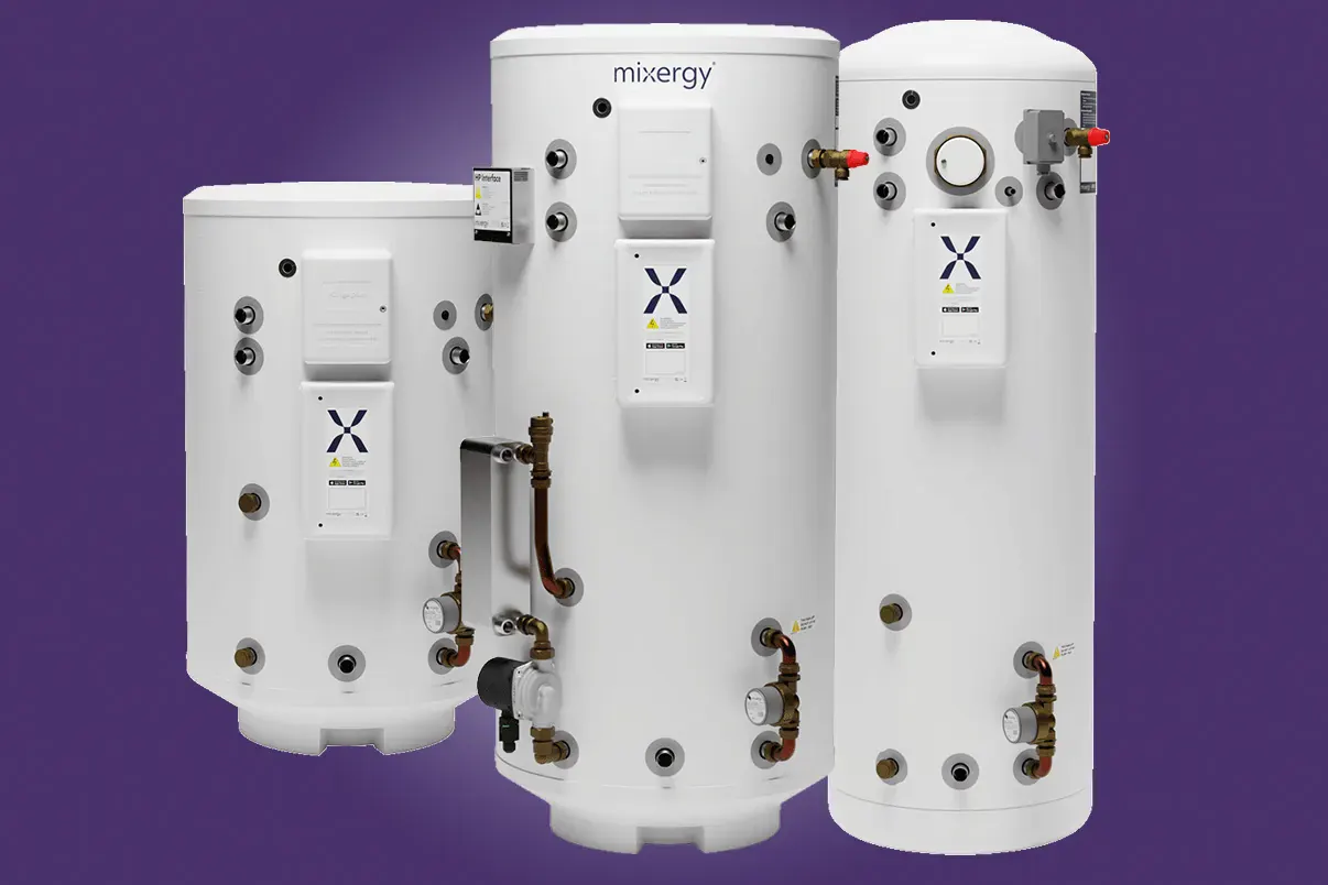 Three Mixergy smart hot water cylinders in different capacities